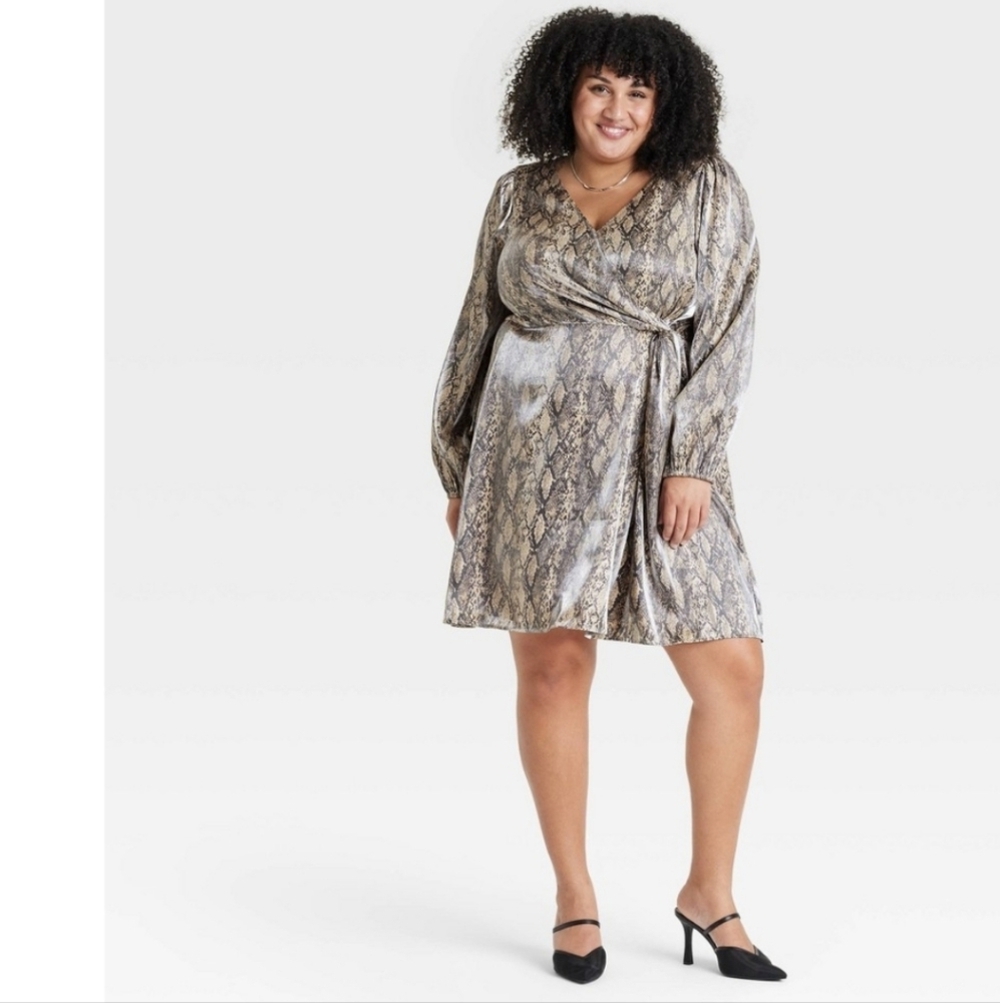 Women's Balloon Long Sleeve Midi Wrap Dress - Ava & Viv Tan 3X